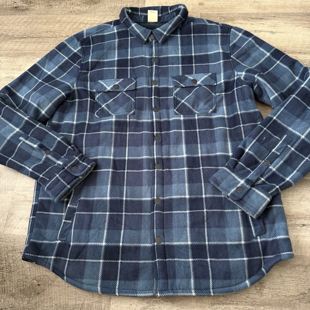 Voyager Polar Fleece Sherpa Lined Chore Shirt Jacket Shacket Mens XL Blue Plaid
